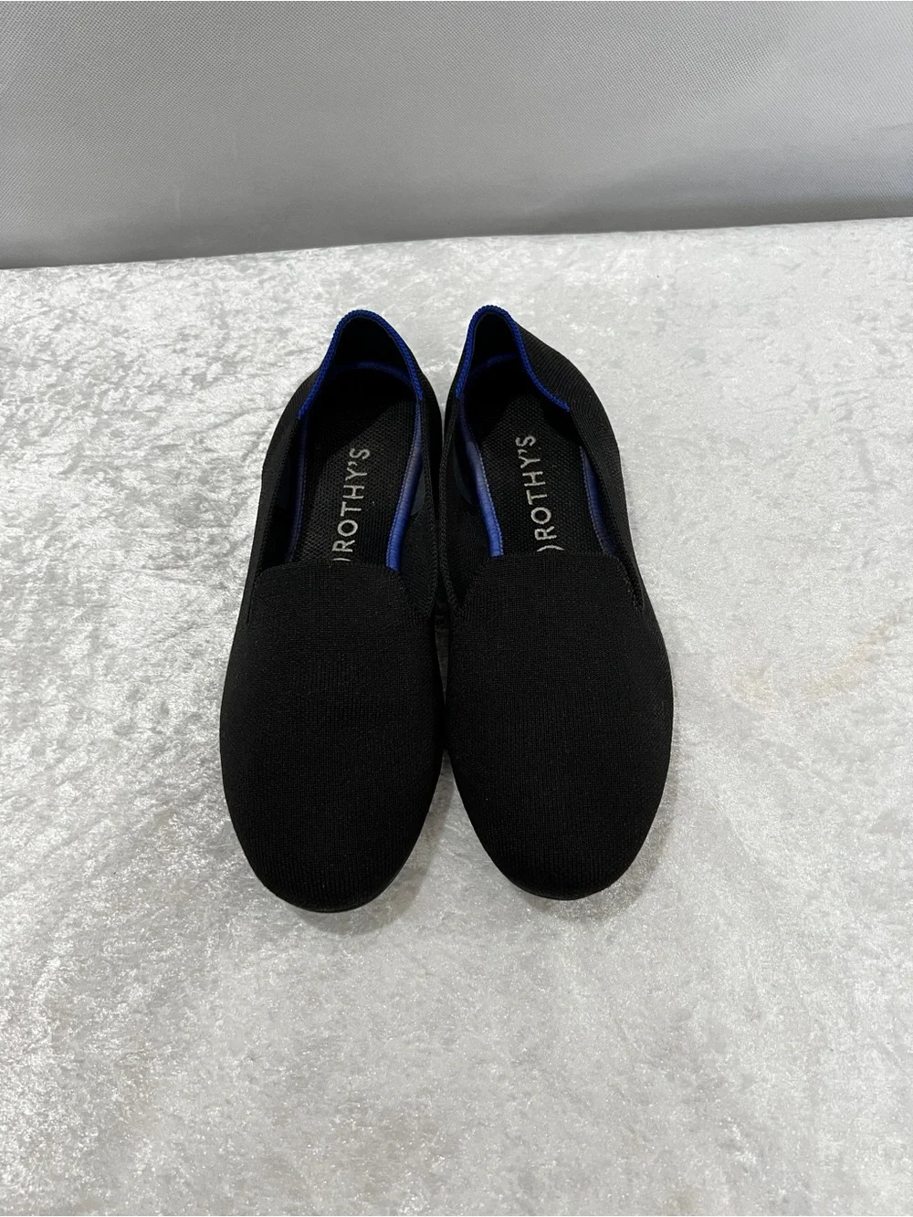Rothy’s The Loafer Flats Black/Blue Detail Size 11.5 Knit Stretchy Slip-On Comfy